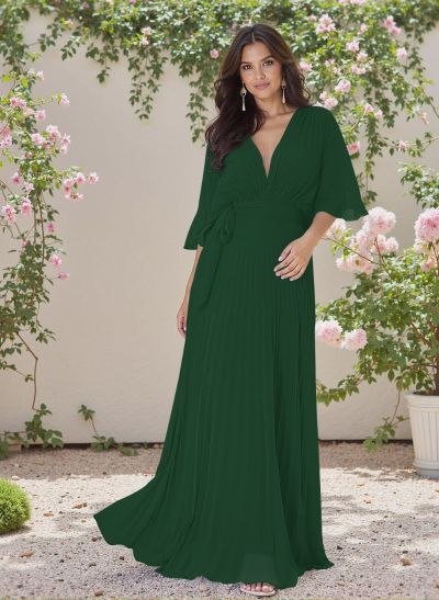Exquisite A-Line V-Neck 1/2 Sleeves Chiffon Bridesmaid Dresses With Pleated