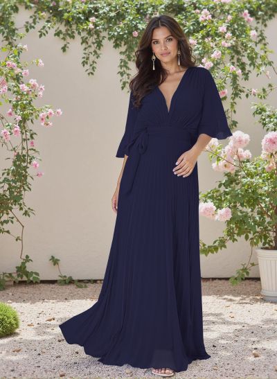 Exquisite A-Line V-Neck 1/2 Sleeves Chiffon Bridesmaid Dresses With Pleated