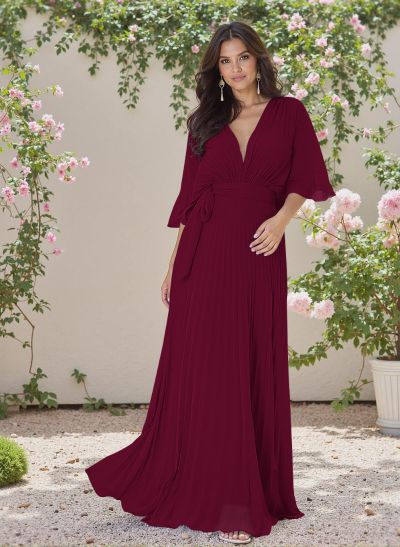 Exquisite A-Line V-Neck 1/2 Sleeves Chiffon Bridesmaid Dresses With Pleated