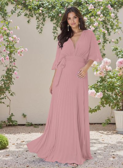 Exquisite A-Line V-Neck 1/2 Sleeves Chiffon Bridesmaid Dresses With Pleated