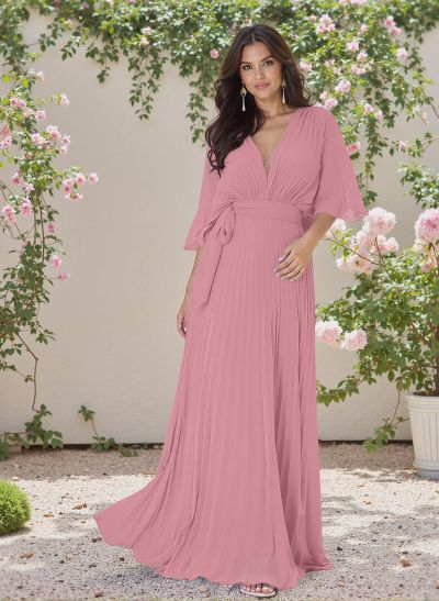 Exquisite A-Line V-Neck 1/2 Sleeves Chiffon Bridesmaid Dresses With Pleated