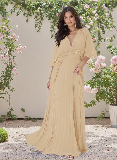 Exquisite A-Line V-Neck 1/2 Sleeves Chiffon Bridesmaid Dresses With Pleated