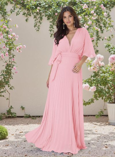 Exquisite A-Line V-Neck 1/2 Sleeves Chiffon Bridesmaid Dresses With Pleated