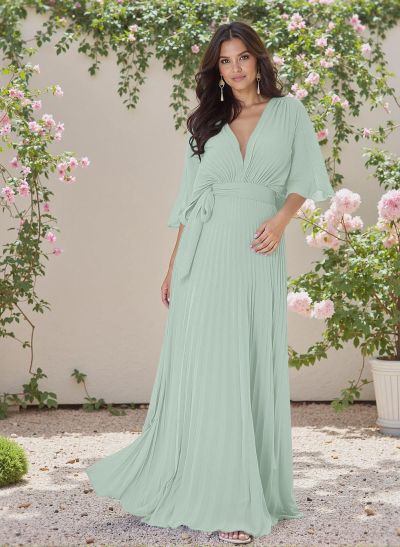 Exquisite A-Line V-Neck 1/2 Sleeves Chiffon Bridesmaid Dresses With Pleated
