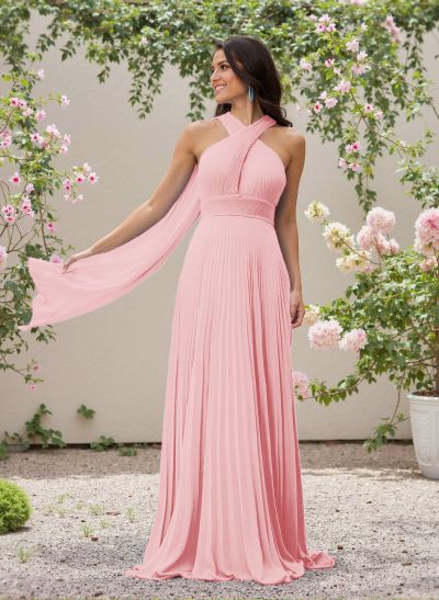 Minimalistic A-Line Halter Sleeveless Chiffon Bridesmaid Dresses With Bare Back