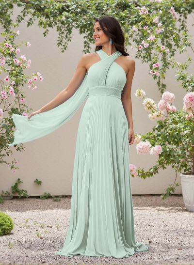 Minimalistic A-Line Halter Sleeveless Chiffon Bridesmaid Dresses With Bare Back