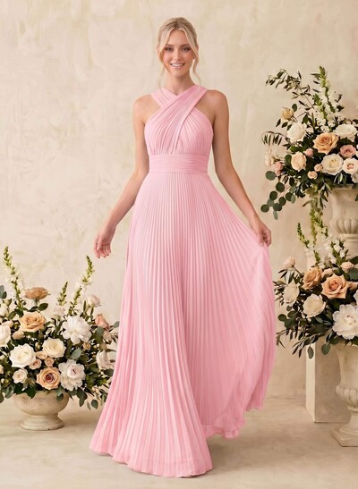 Minimalistic A-Line Halter Sleeveless Chiffon Bridesmaid Dresses With Bare Back