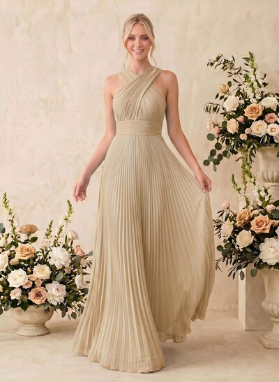Minimalistic A-Line Halter Sleeveless Chiffon Bridesmaid Dresses With Bare Back