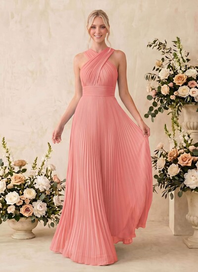 Minimalistic A-Line Halter Sleeveless Chiffon Bridesmaid Dresses With Bare Back