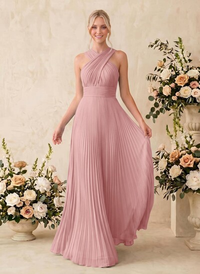 Minimalistic A-Line Halter Sleeveless Chiffon Bridesmaid Dresses With Bare Back