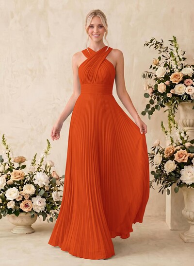 Minimalistic A-Line Halter Sleeveless Chiffon Bridesmaid Dresses With Bare Back