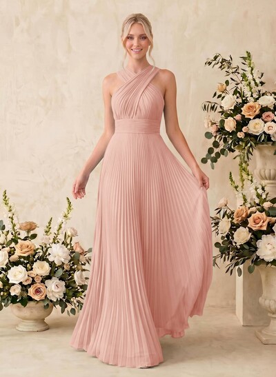 Minimalistic A-Line Halter Sleeveless Chiffon Bridesmaid Dresses With Bare Back