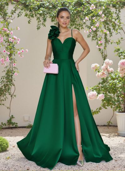 Classic A-Line Sweetheart 3D Floral Satin Bridesmaid Dresses With High Split