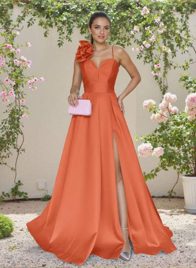 Classic A-Line Sweetheart 3D Floral Satin Bridesmaid Dresses With High Split