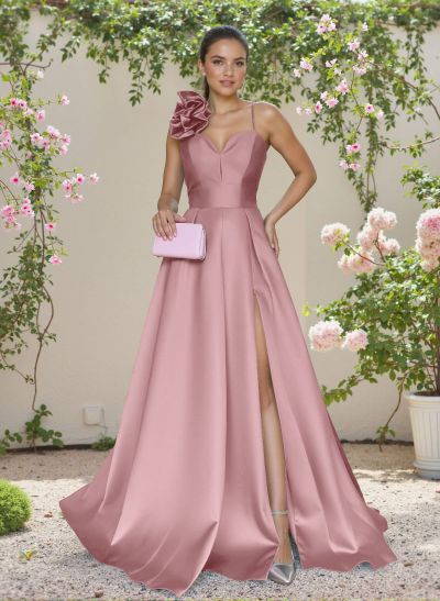 Classic A-Line Sweetheart 3D Floral Satin Bridesmaid Dresses With High Split