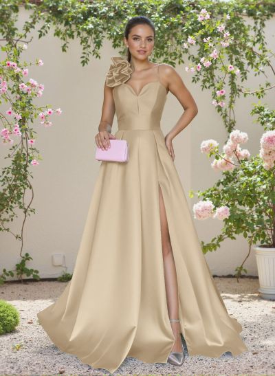 Classic A-Line Sweetheart 3D Floral Satin Bridesmaid Dresses With High Split