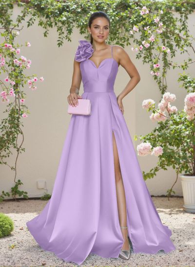 Classic A-Line Sweetheart 3D Floral Satin Bridesmaid Dresses With High Split