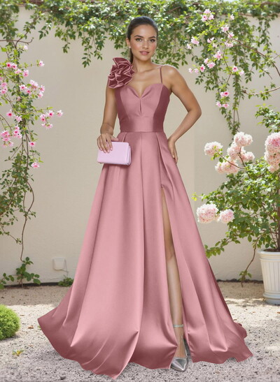 Classic A-Line Sweetheart 3D Floral Satin Bridesmaid Dresses With High Split