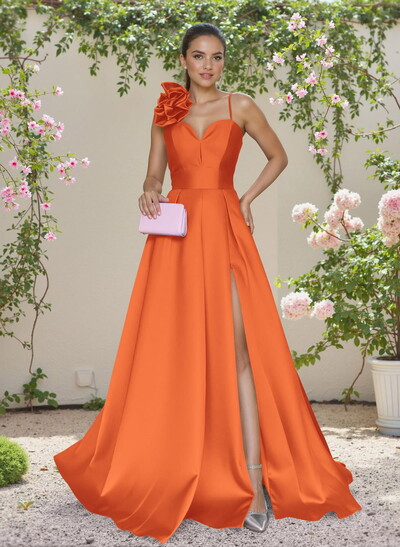 Classic A-Line Sweetheart 3D Floral Satin Bridesmaid Dresses With High Split
