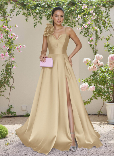 Classic A-Line Sweetheart 3D Floral Satin Bridesmaid Dresses With High Split