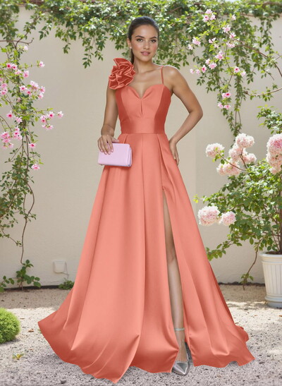 Classic A-Line Sweetheart 3D Floral Satin Bridesmaid Dresses With High Split