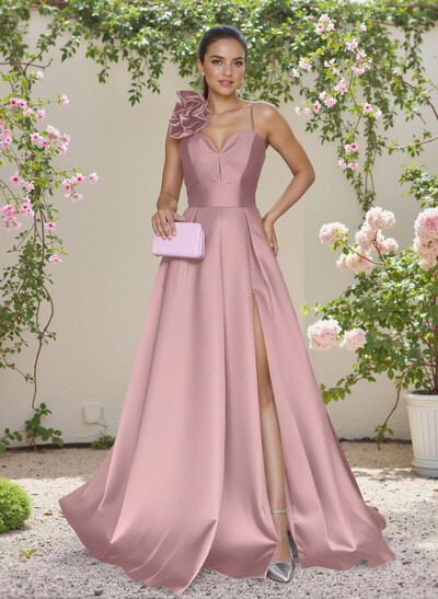 Classic A-Line Sweetheart 3D Floral Satin Bridesmaid Dresses With High Split