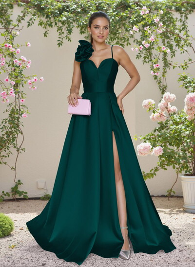 Classic A-Line Sweetheart 3D Floral Satin Bridesmaid Dresses With High Split