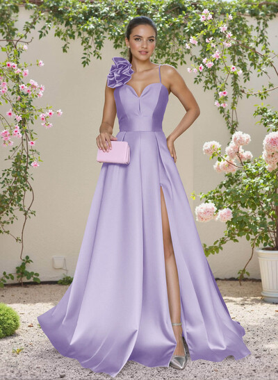 Classic A-Line Sweetheart 3D Floral Satin Bridesmaid Dresses With High Split