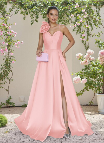 Classic A-Line Sweetheart 3D Floral Satin Bridesmaid Dresses With High Split