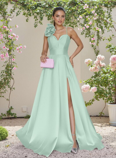 Classic A-Line Sweetheart 3D Floral Satin Bridesmaid Dresses With High Split