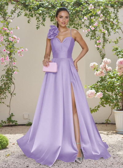 Classic A-Line Sweetheart 3D Floral Satin Bridesmaid Dresses With High Split