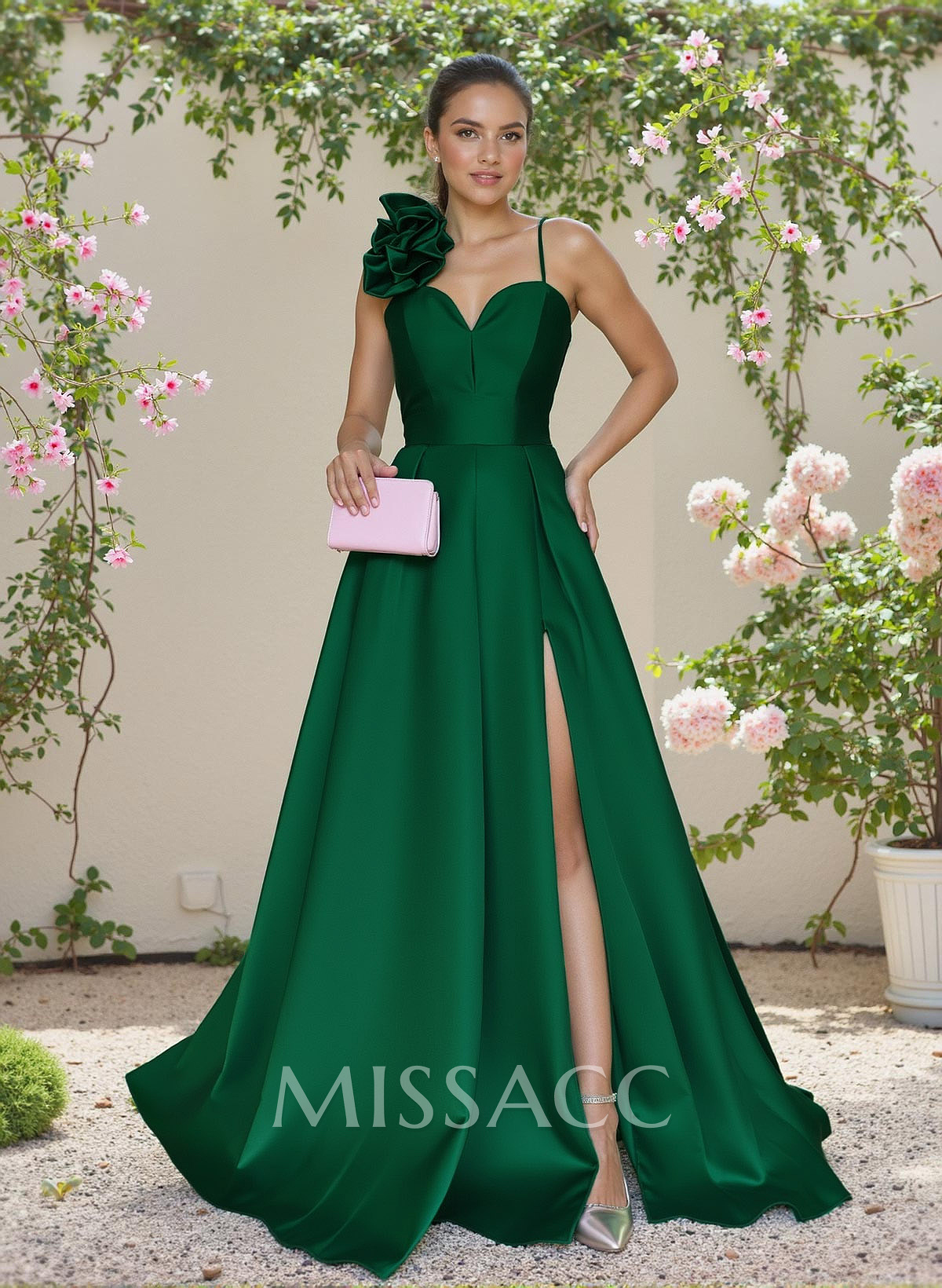 Classic A-Line Sweetheart 3D Floral Satin Bridesmaid Dresses With High Split Classic A-Line Sweetheart 3D Floral Satin Bridesmaid Dresses With High Split