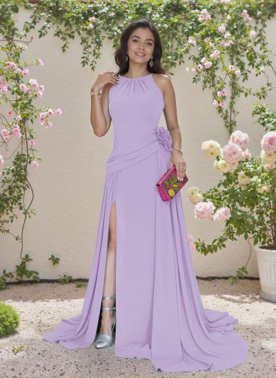 Exquisite A-Line 3D Floral Halter Sleeveless Chiffon Bridesmaid Dresses With High Split