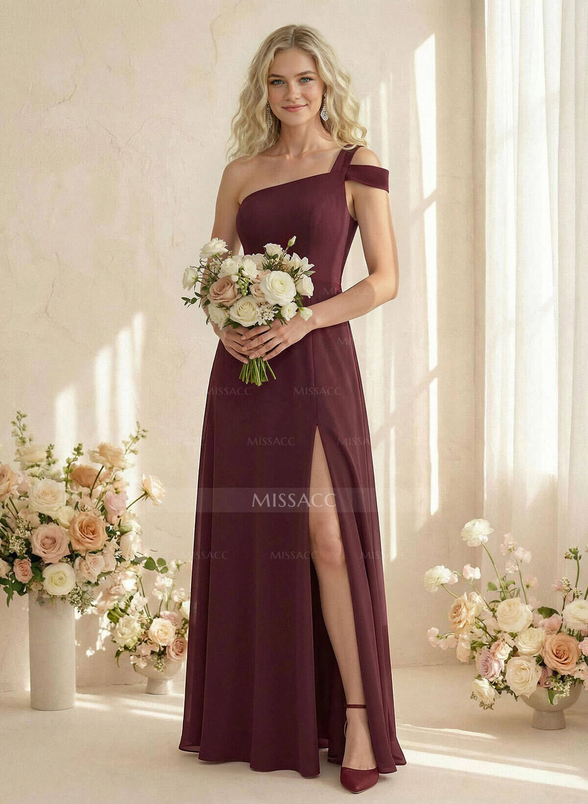 Classic A-Line One-Shoulder Chiffon Bridesmaid Dresses With High Split