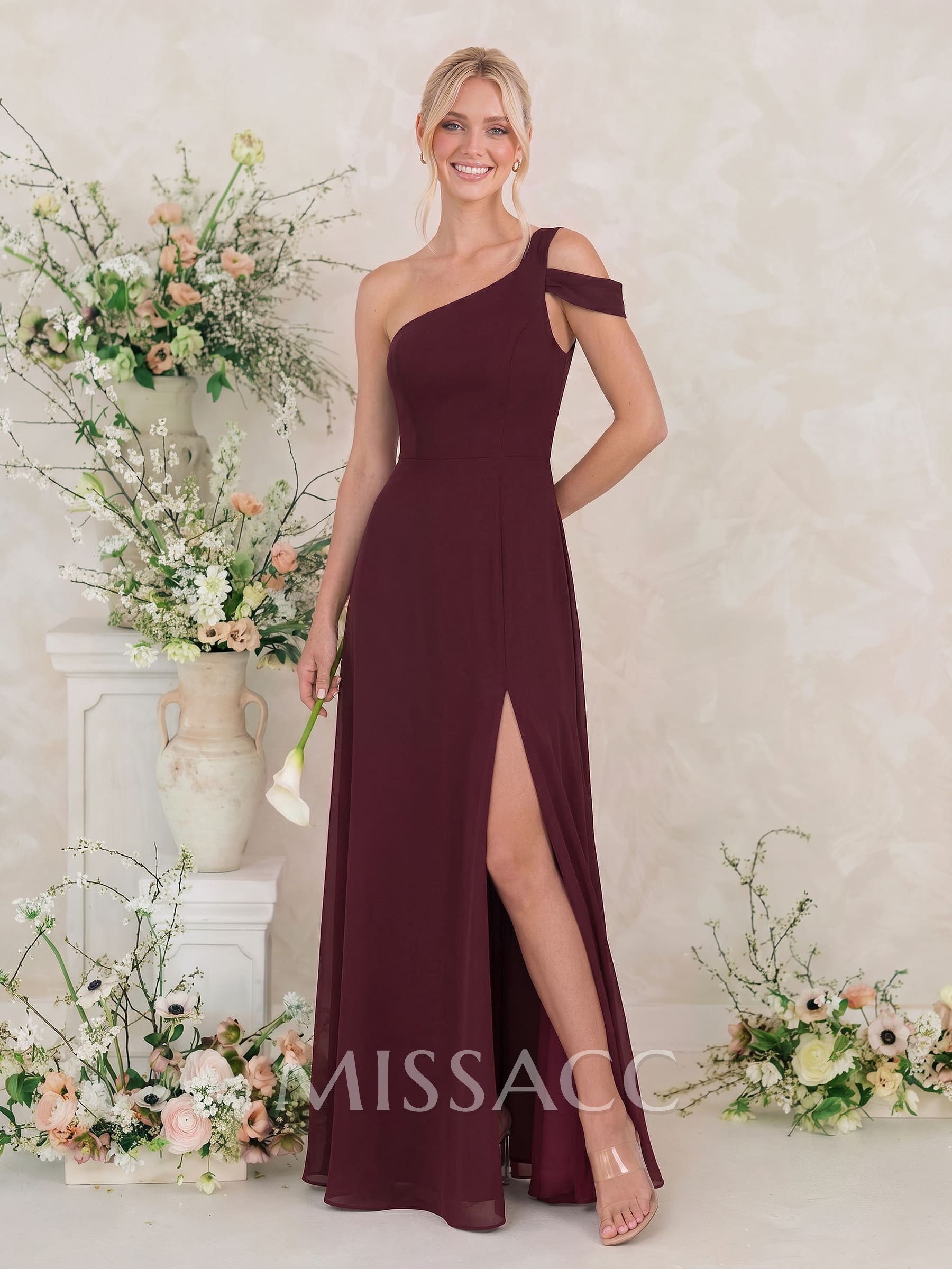 Classic A-Line One-Shoulder Chiffon Bridesmaid Dresses With High Split Classic A-Line One-Shoulder Chiffon Bridesmaid Dresses With High Split