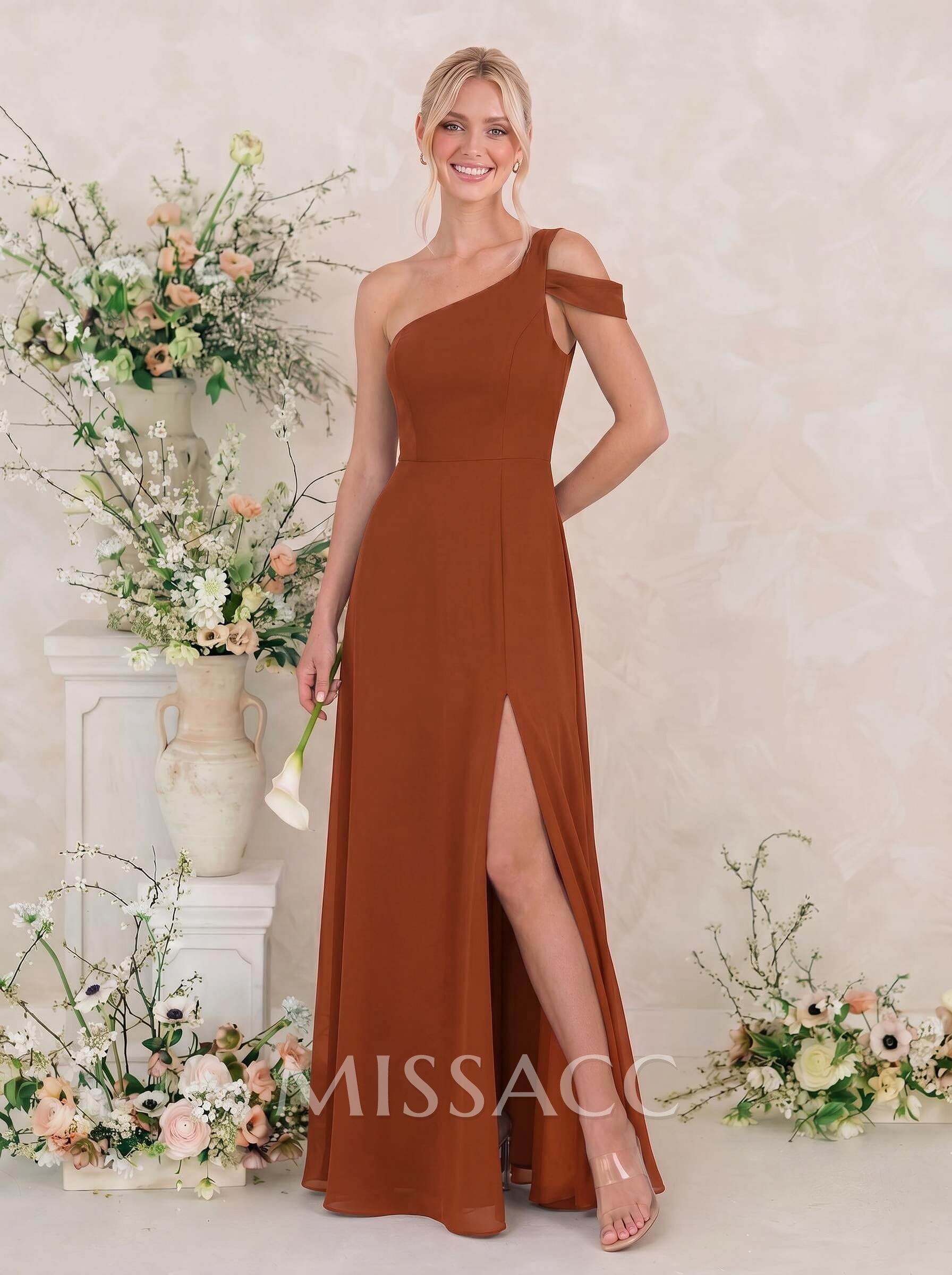 Classic A-Line One-Shoulder Chiffon Bridesmaid Dresses With High Split Classic A-Line One-Shoulder Chiffon Bridesmaid Dresses With High Split