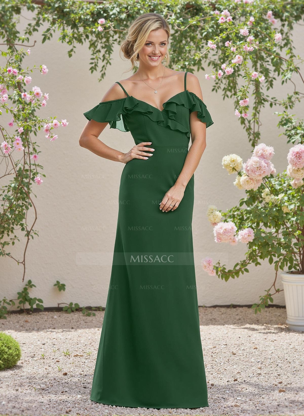 Modest A-Line Off-The-Shoulder Chiffon Bridesmaid Dresses With Cascading Ruffles