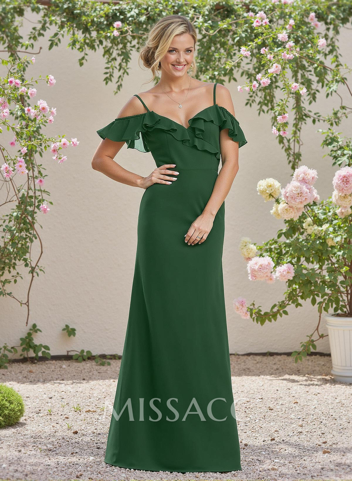 Modest A-Line Off-The-Shoulder Chiffon Bridesmaid Dresses With Cascading Ruffles