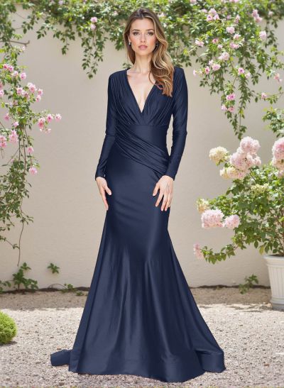 Modest Trumpet V-Neck Long Sleeves Silk Like Satin Bridesmaid Dresses