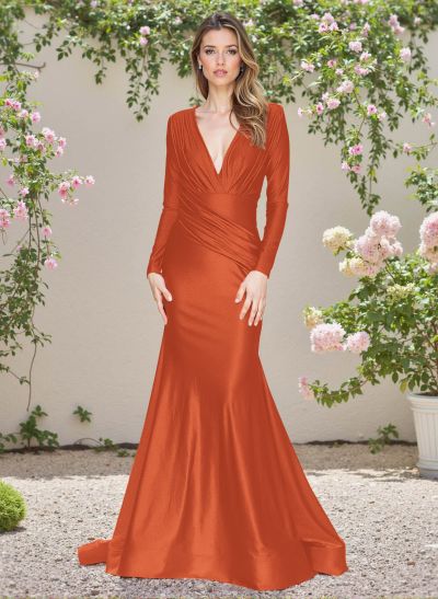 Modest Trumpet V-Neck Long Sleeves Silk Like Satin Bridesmaid Dresses