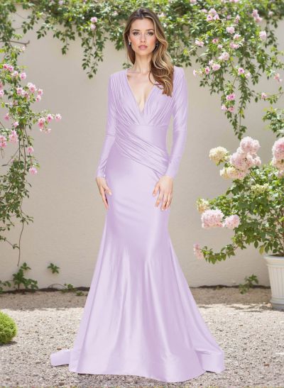Modest Trumpet V-Neck Long Sleeves Silk Like Satin Bridesmaid Dresses