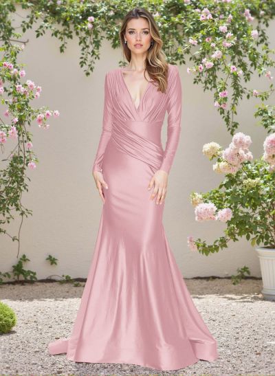 Modest Trumpet V-Neck Long Sleeves Silk Like Satin Bridesmaid Dresses