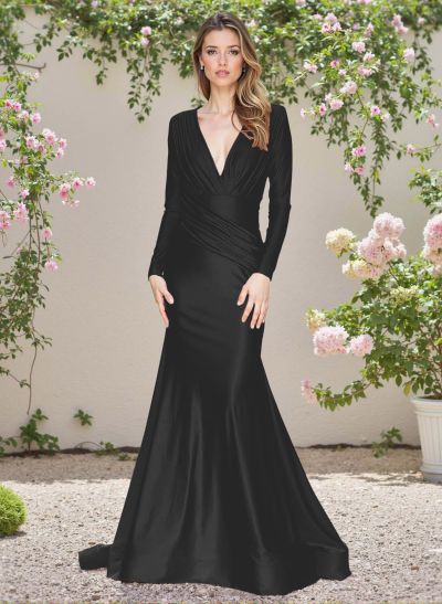 Modest Trumpet V-Neck Long Sleeves Silk Like Satin Bridesmaid Dresses