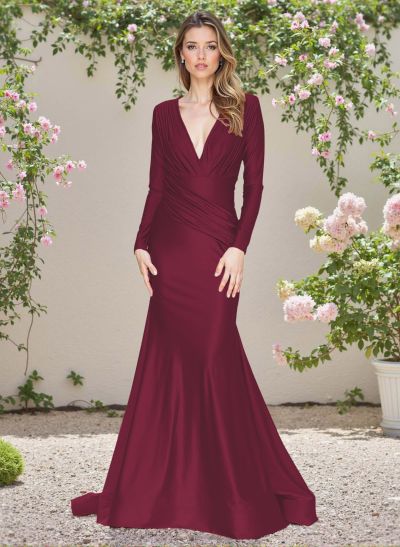 Modest Trumpet V-Neck Long Sleeves Jersey Bridesmaid Dresses