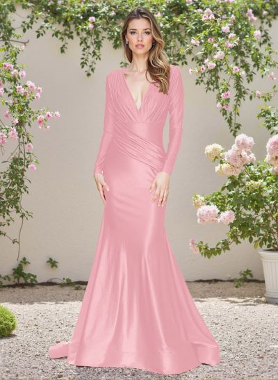 Modest Trumpet V-Neck Long Sleeves Silk Like Satin Bridesmaid Dresses