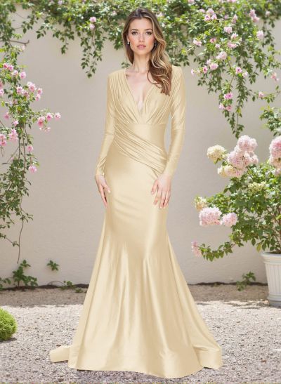 Modest Trumpet V-Neck Long Sleeves Silk Like Satin Bridesmaid Dresses