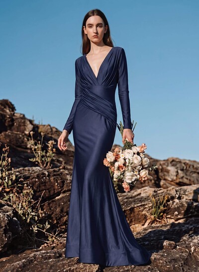 Modest Trumpet V-Neck Long Sleeves Jersey Bridesmaid Dresses