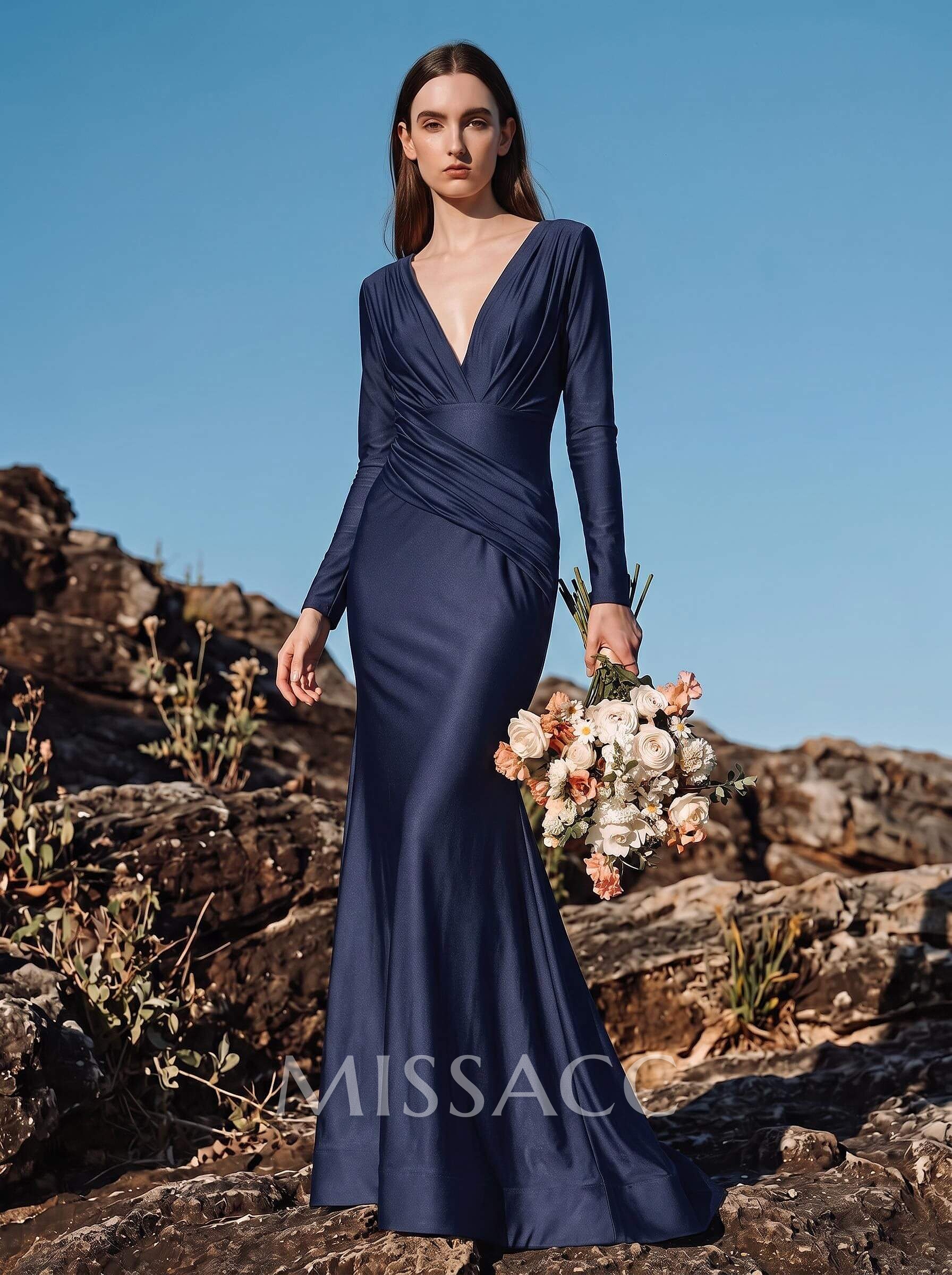 Modest Trumpet V-Neck Long Sleeves Jersey Bridesmaid Dresses