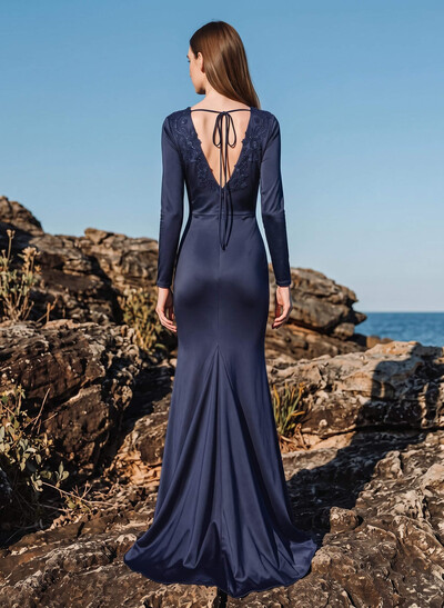 Modest Trumpet V-Neck Long Sleeves Jersey Bridesmaid Dresses