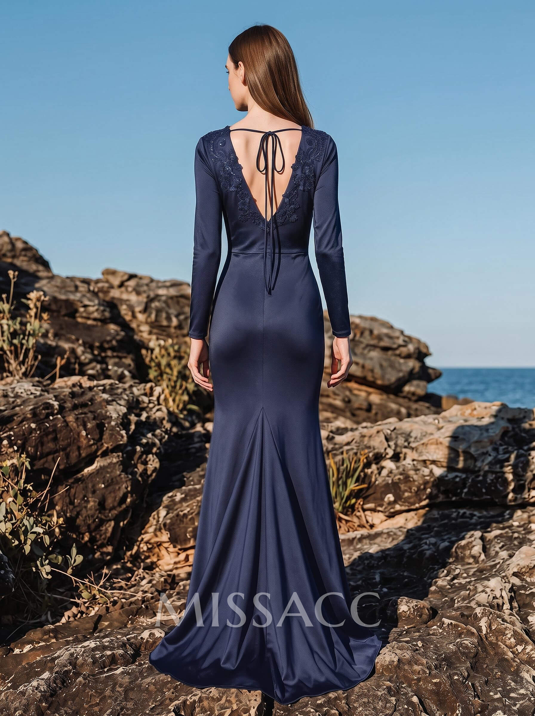 Modest Trumpet V-Neck Long Sleeves Jersey Bridesmaid Dresses